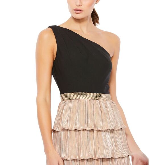 Mac Duggal NWT One Shoulder Layered Metallic Ruffle Gown in Black Gold Size 8 - Picture 1 of 8